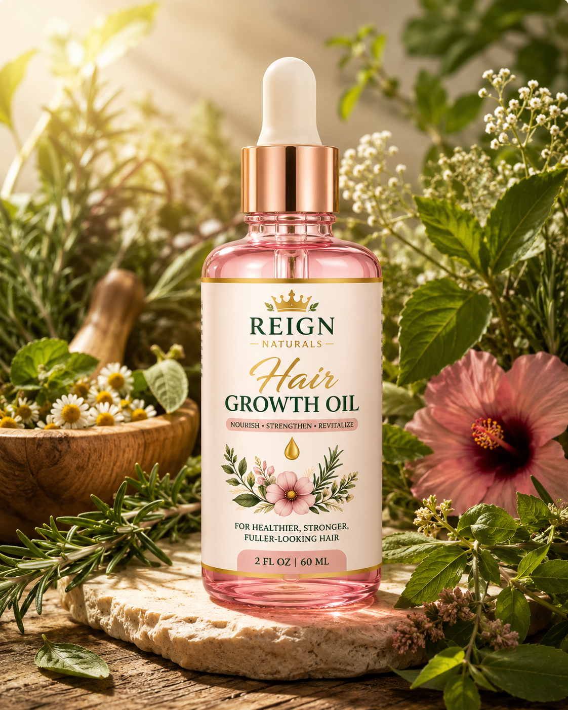 Reign Naturals Hair Growth Oil in a rose-gold dropper bottle among fresh botanicals