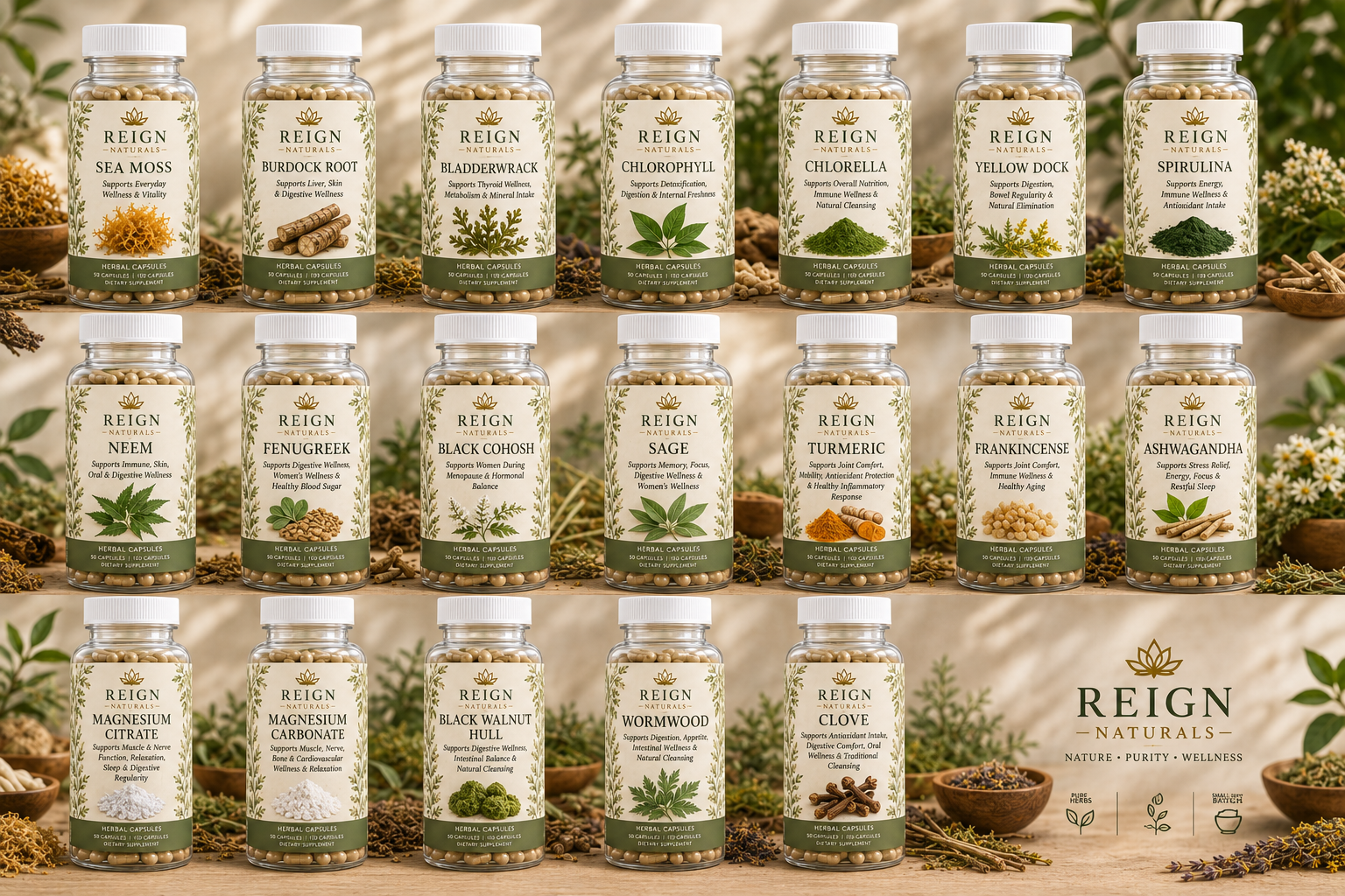 The complete Reign Naturals collection of 19 botanical supplements