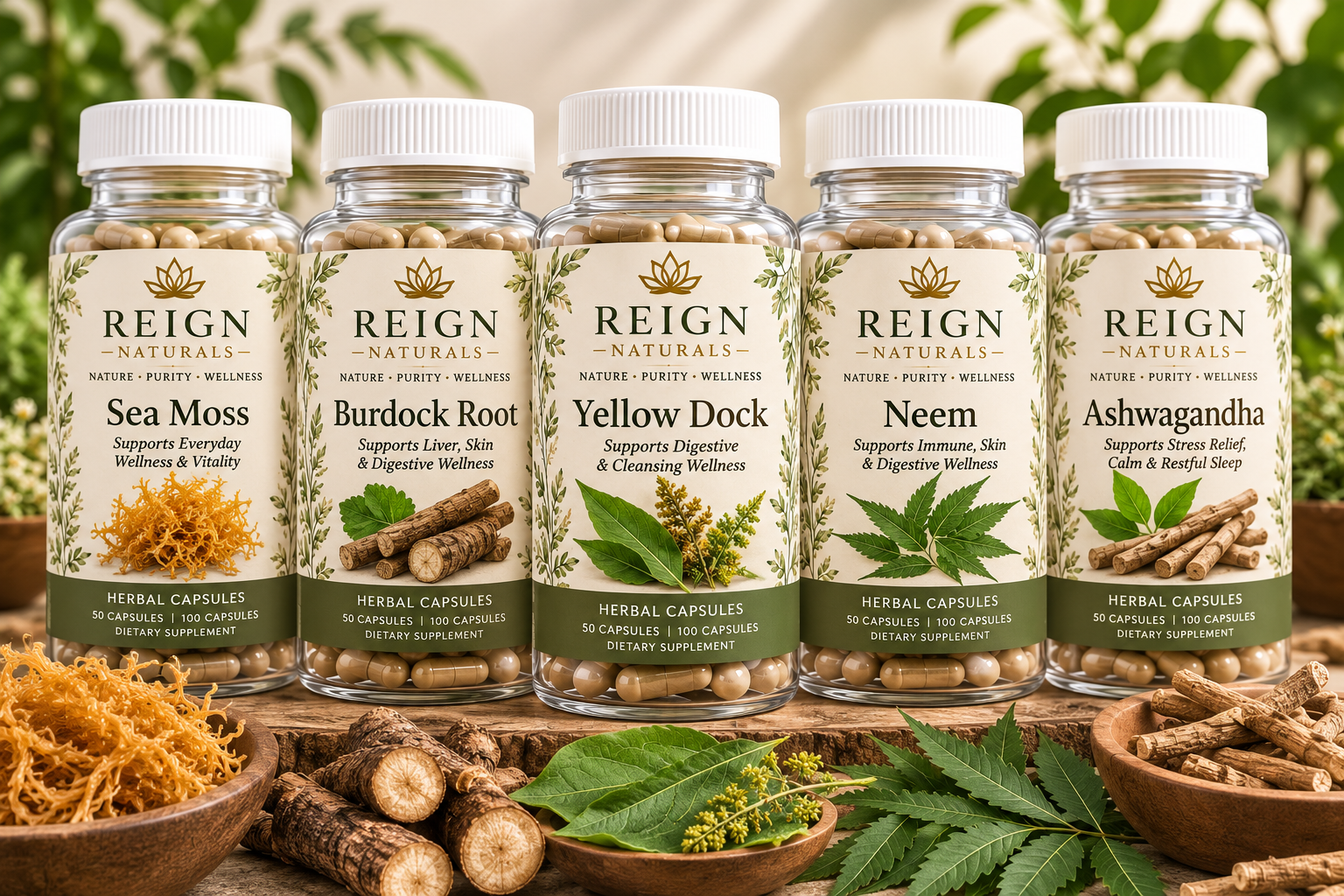 Reign Naturals clear bottles in a botanical setting